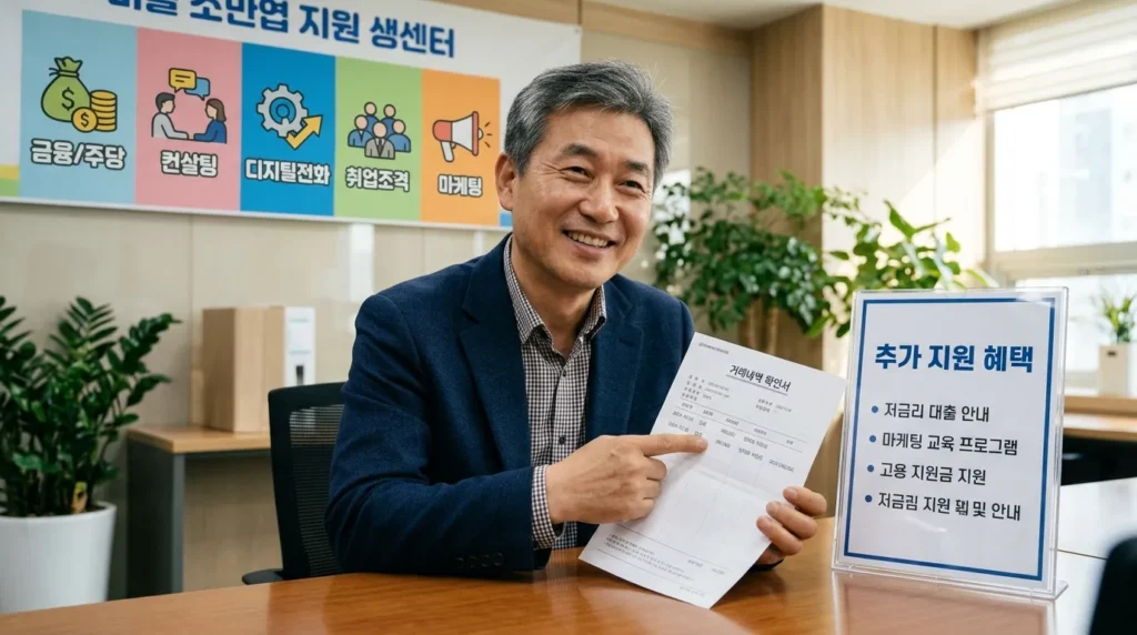 한국인 소상공인 대표가 통장 이체 내역에 찍힌 임대료 지원금 30만원을 확인하며 미소를 짓고 있다. 그의 옆에는 '추가 지원 혜택'이라는 제목의 안내문이 놓여있고, 배경에는 다른 소상공인 지원 제도를 상징하는 다양한 아이콘들이 보인다.