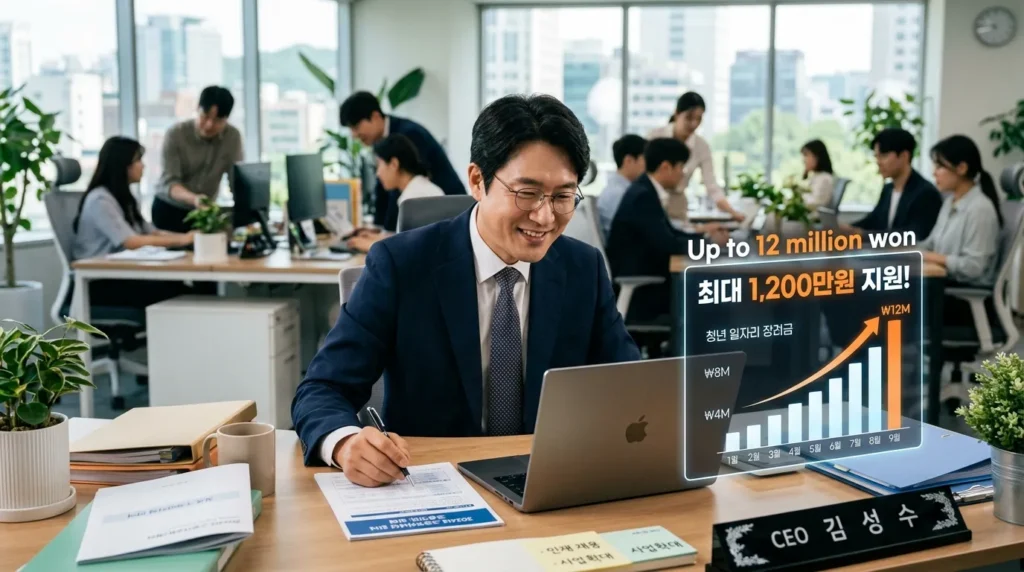 긍정적인 표정의 한국인 중소기업 대표가 노트북을 보며 고용 장려금 관련 서류를 검토하고 있는 모습. 옆에는 '최대 1,200만원'이라는 문구와 함께 성장하는 그래프가 시각적으로 표현되어 있다. 배경에는 활기찬 사무실 풍경이 희미하게 보인다.