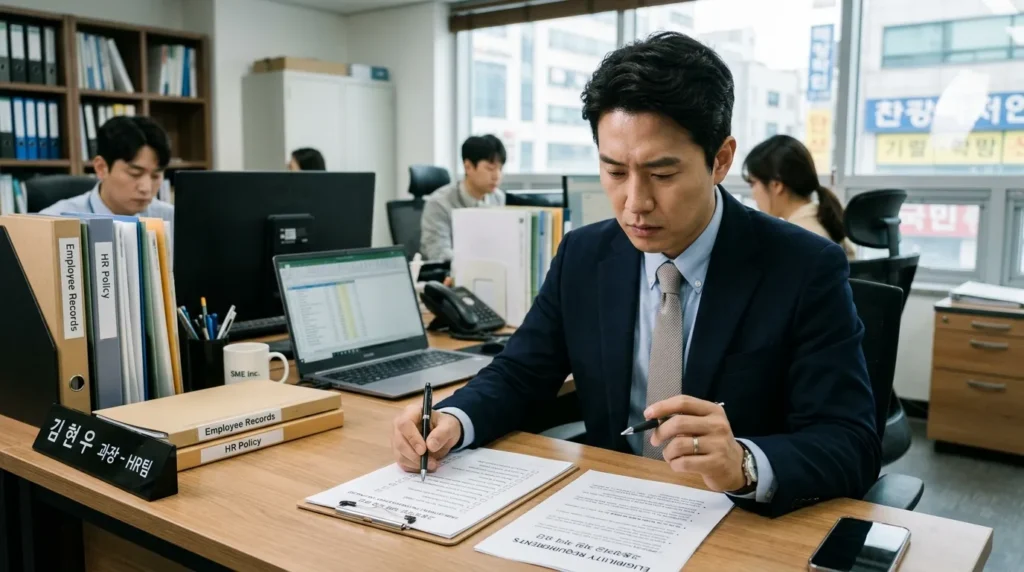 한국인 중소기업 인사 담당자가 체크리스트를 보며 고용 장려금 자격 조건을 확인하는 모습. 옆에는 '자격 요건'이라고 쓰인 서류가 놓여 있고, 신중한 표정을 짓고 있다. 깔끔한 사무실 환경을 배경으로 한다.