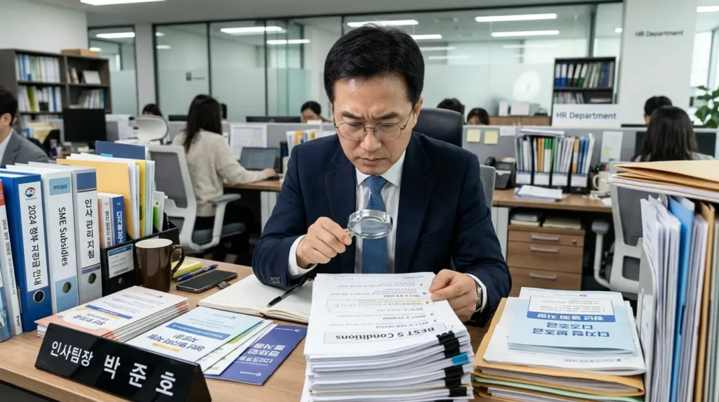 한국인 HR 담당자가 돋보기를 들고 서류 뭉치 위에서 'BEST 5 조건'이라고 쓰인 중요한 항목들을 자세히 들여다보고 있다. 주변에는 다양한 정부 지원금 관련 안내 자료들이 쌓여있고, 진지하고 집중하는 모습이다.