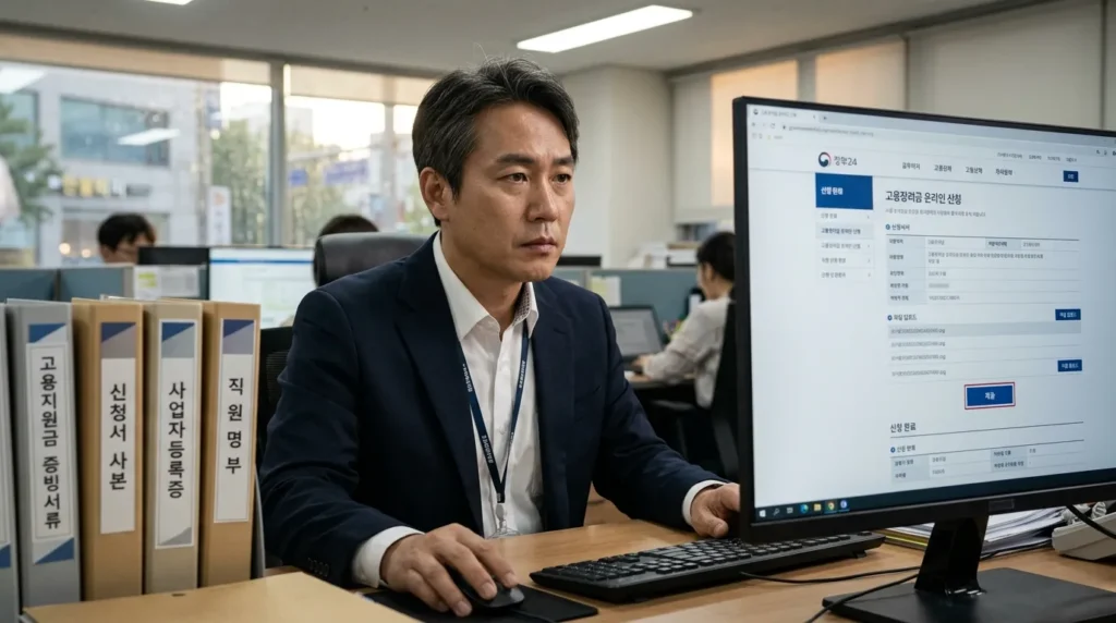 한국인 기업 관계자가 컴퓨터 앞에서 정부24 웹사이트 또는 고용노동부 온라인 신청 페이지를 통해 고용장려금 신청 서류를 업로드하고 있다. 마우스 클릭 직전의 진지한 모습이며, 옆에는 정리된 서류 파일들이 놓여 있다.
