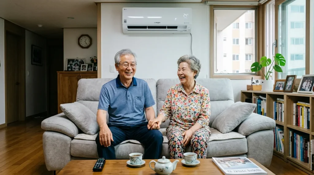 한국의 아파트 거실에서 시원한 에어컨 바람을 쐬며 밝게 웃고 있는 한국인 노부부의 모습
