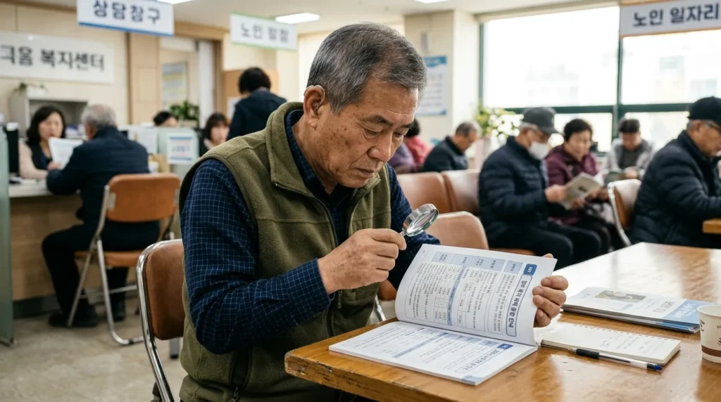 돋보기를 들고 정부의 복지 혜택 안내 서류를 꼼꼼하게 검토하고 있는 60대 한국인 남성의 모습
