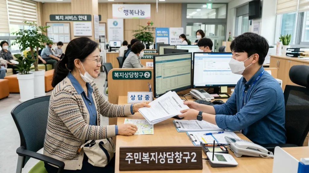 동주민센터 복지 창구에서 공무원에게 서류를 제출하며 친절하게 상담을 받고 있는 한국인 중년 여성의 모습