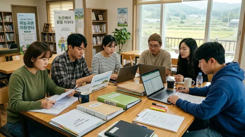 다양한 젊은 한국인들이 모여 앉아 영농정착지원금 신청 서류와 노트북 화면을 보며 진지하게 토론하는 모습. 테이블 위에는 관련 서류들이 깔끔하게 정리되어 있다.