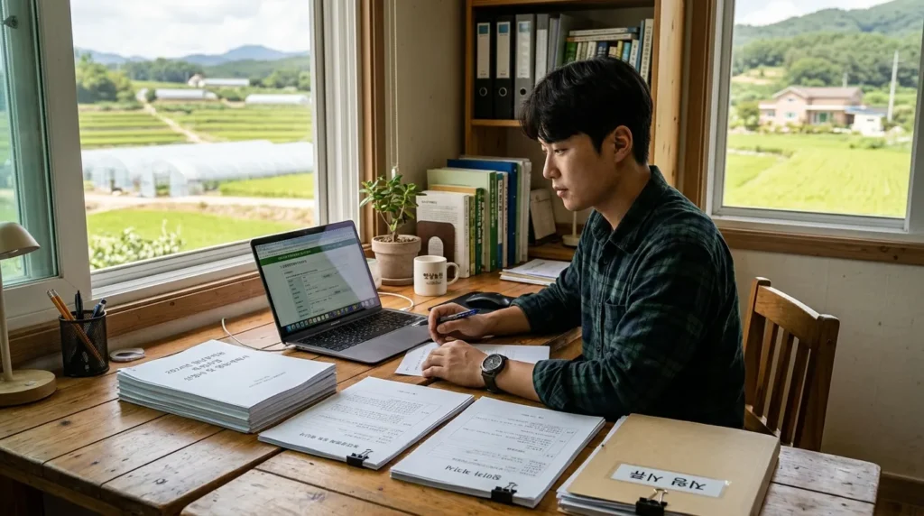 젊은 한국인 농부가 노트북으로 온라인 신청 웹사이트를 꼼꼼히 확인하며 서류를 준비하고 있는 모습. 책상 위에는 신청에 필요한 영농 계획서와 관련 증빙 서류들이 정갈하게 놓여 있다.
