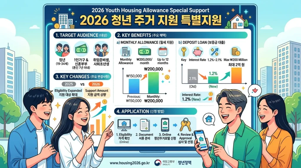 2026년 청년 주거급여 특별지원을 설명하는 다채로운 인포그래픽, 주요 특징과 변화를 시각적으로 보여주는 그래프와 아이콘들이 포함된 모습. 젊은 한국인 남녀가 밝게 웃으며 내용을 이해하는 표정.