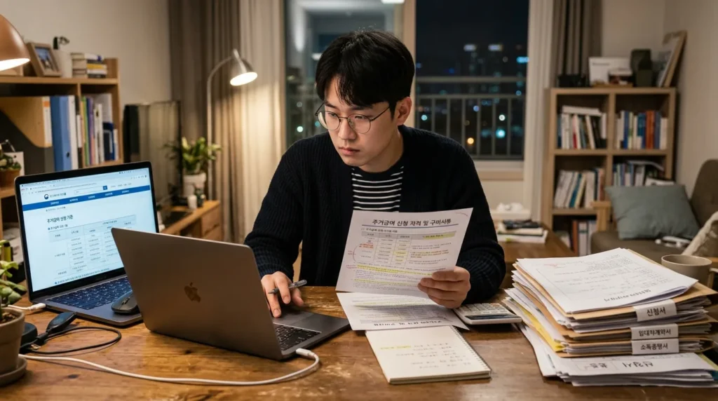 한국인 젊은 청년이 노트북 앞에서 주거급여 신청 자격표를 꼼꼼히 확인하고 있는 모습. 옆에는 서류들이 쌓여 있고, 복잡한 정보를 집중해서 살펴보는 진지한 표정.