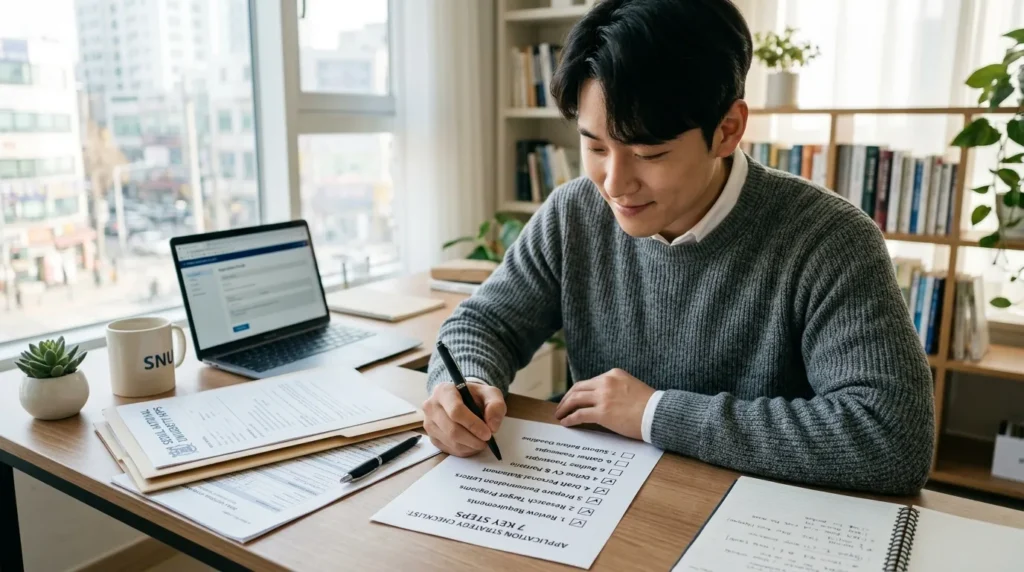 한국인 청년이 7가지 전략이 적힌 체크리스트를 보며 하나씩 확인하고 있는 모습. 옆에는 신청 서류와 펜이 놓여 있고, 전략적인 접근을 상징하는 밝고 집중된 분위기.