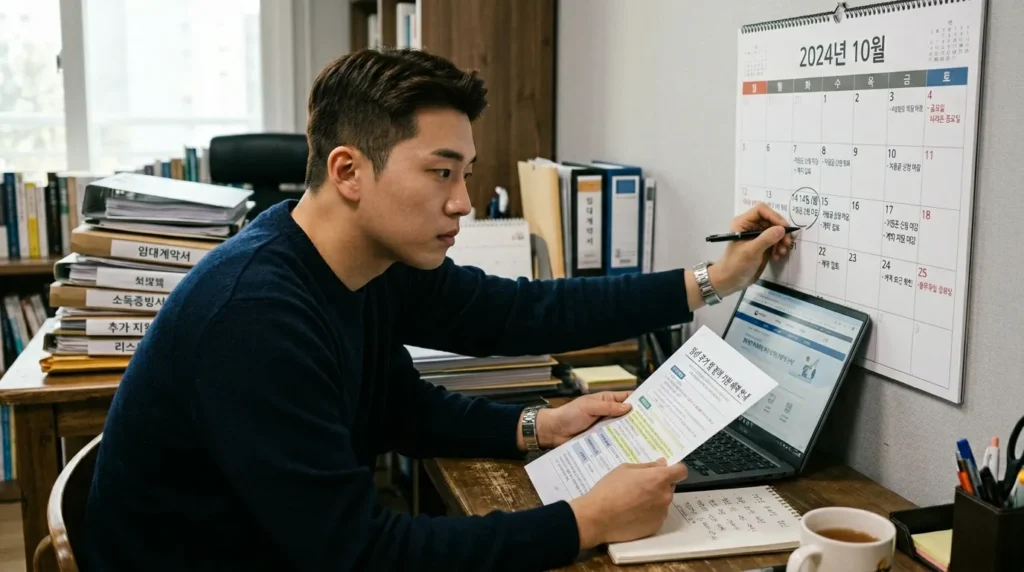 한국인 청년이 캘린더에 중요한 날짜를 표시하고, 서류를 다시 한번 확인하는 모습. 유의사항과 추가 지원 혜택을 꼼꼼히 검토하는 진지하고 신중한 분위기.
