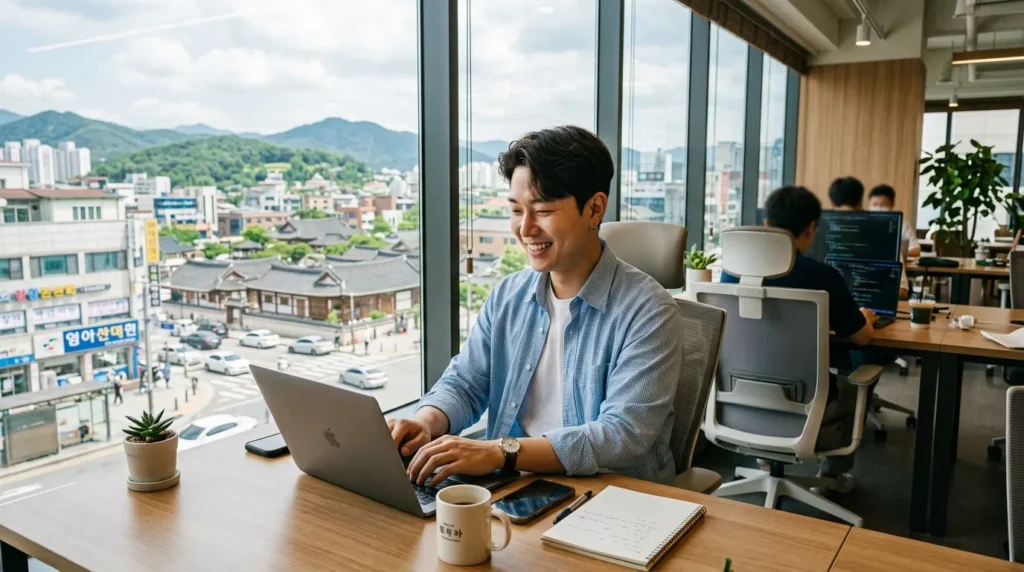 현대적인 사무실에서 한국인 청년이 밝은 표정으로 노트북을 보며 일하고 있고, 배경에는 지방 도시의 활기찬 풍경이 창밖으로 보이는 모습