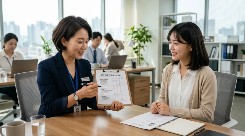 체크리스트를 들고 꼼꼼하게 항목을 확인하는 한국인 여성 인사 담당자와 그 옆에서 상담을 받는 청년 구직자의 모습