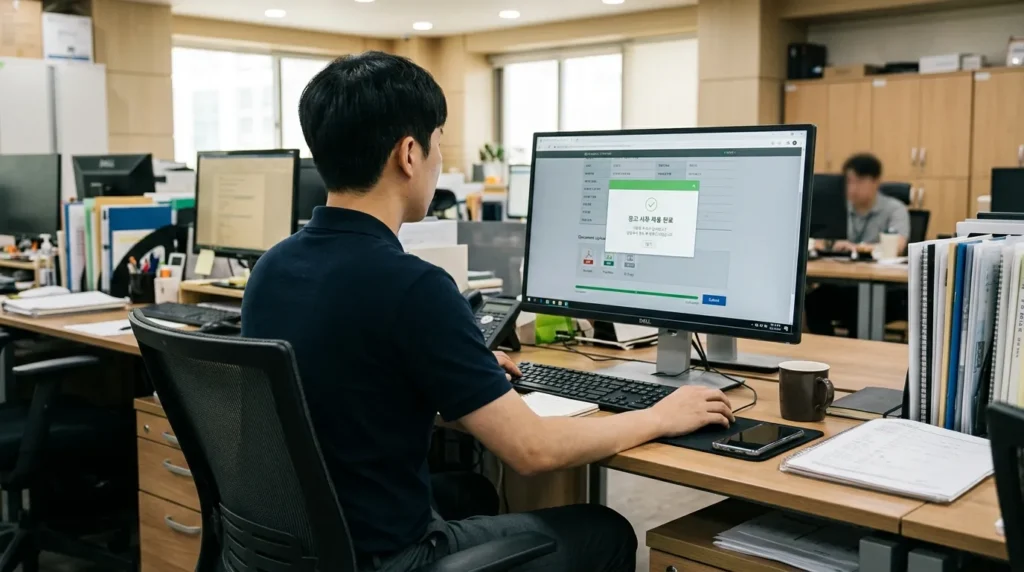 컴퓨터 화면 앞에 앉아 온라인 신청 사이트에 접속하여 서류를 업로드하고 있는 한국인 남성 사원의 뒷모습과 화면 속 신청 완료 메시지
