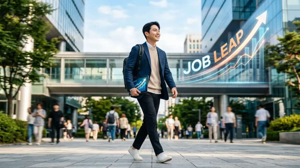 긍정적인 표정의 한국 청년이 태블릿을 들고 미래 직업 목표를 향해 나아가는 이미지를 밝고 희망적인 색감으로 표현. 뒤로는 성장 그래프와 함께 '일자리 도약'이라는 키워드가 추상적으로 배경에 녹아있음.