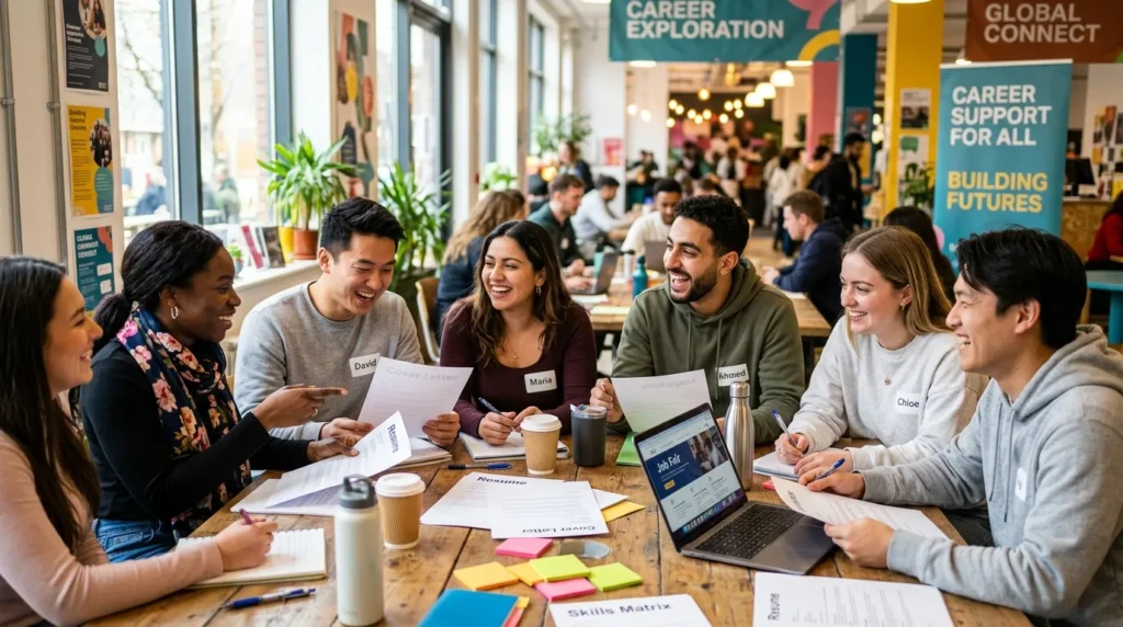 다양한 국적과 배경을 가진 젊은이들이 함께 모여 취업 관련 서류를 검토하고 서로 의견을 나누는 밝고 활기찬 분위기. 그들의 얼굴에는 희망과 협력의 미소가 가득함.