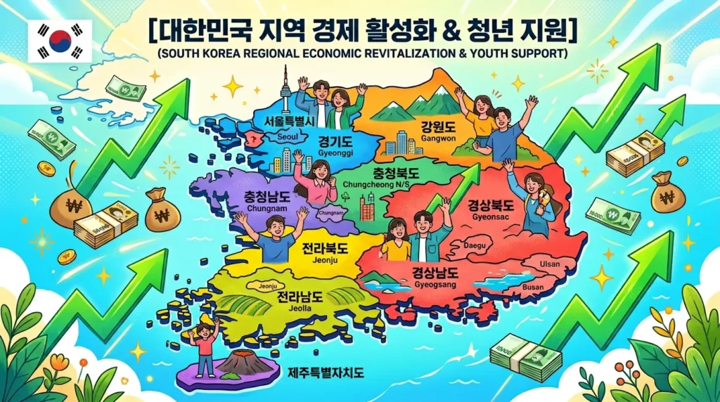 대한민국 지도 위로 다양한 지역들이 색깔별로 구분되어 있고, 각 지역에서 청년들이 환하게 웃으며 손을 흔들고 있다. 지도 위에는 돈다발과 화살표가 긍정적인 방향으로 솟아나는 그래픽이 더해져, 지역 경제 활성화와 청년 지원을 상징한다.