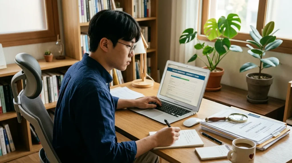 깔끔한 책상에 앉아있는 한국인 청년이 노트북 화면에 집중하며 온라인 서류를 꼼꼼히 작성하고 있다. 주변에는 돋보기, 펜, 서류뭉치 등이 놓여 있어 세심한 준비 과정을 나타낸다.