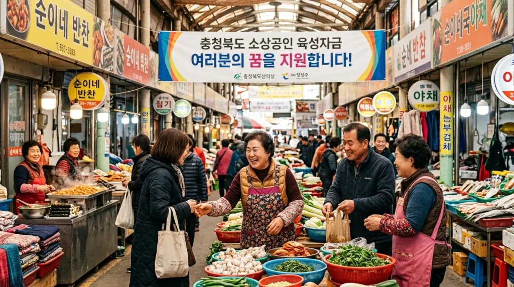 대한민국 충청북도 청주의 활기찬 전통 시장 풍경. 시장 상인들이 밝은 표정으로 손님을 맞이하고 있으며, 배경에는 '충북도 소상공인육성자금'을 알리는 현수막이 걸려있다. 따뜻하고 희망찬 분위기.