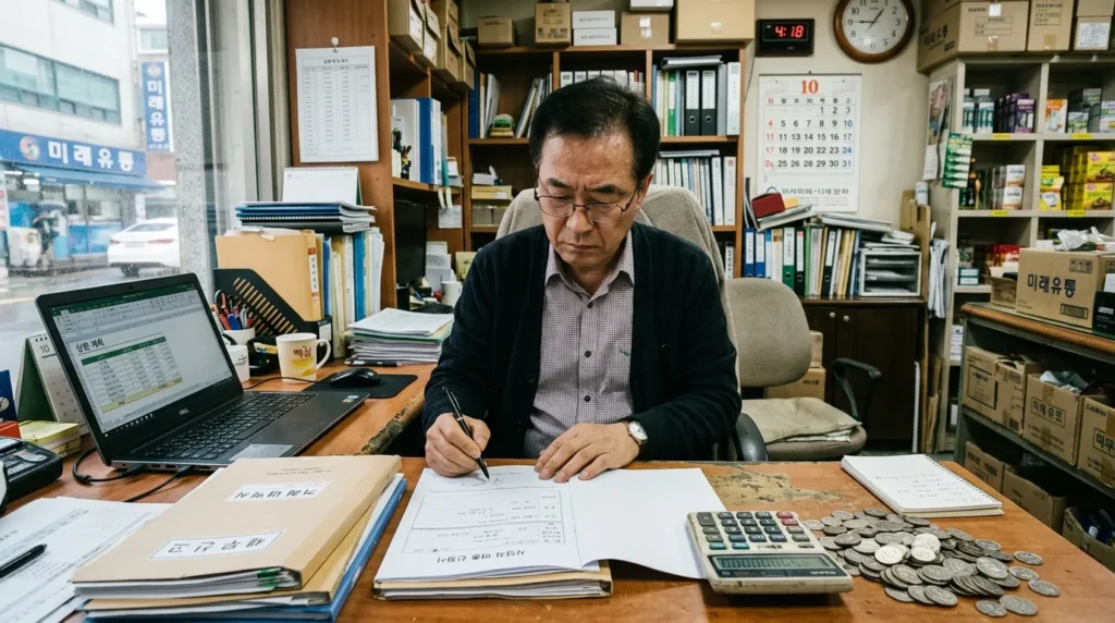 한국인 소상공인 한 명이 책상에 앉아 노트북과 서류를 앞에 두고 심각하게 대출 서류를 검토하고 있다. 주변에는 동전 더미와 계산기가 놓여 있어 자금 관련 고민을 표현하고 있다.
