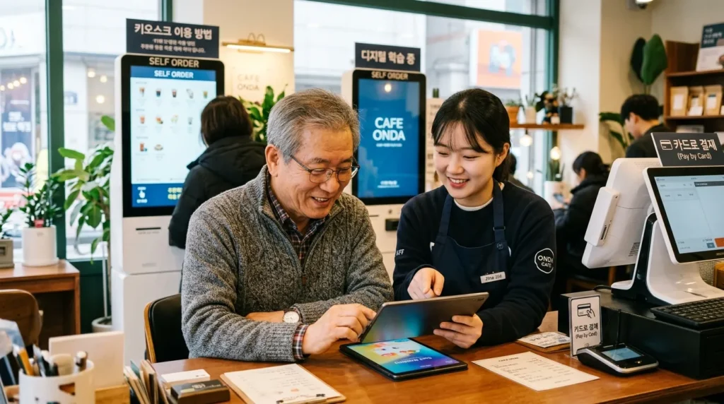 한국인 소상공인 한 명이 책상에 앉아 노트북과 서류를 앞에 두고 심각하게 대출 서류를 검토하고 있다. 주변에는 동전 더미와 계산기가 놓여 있어 자금 관련 고민을 표현하고 있다.