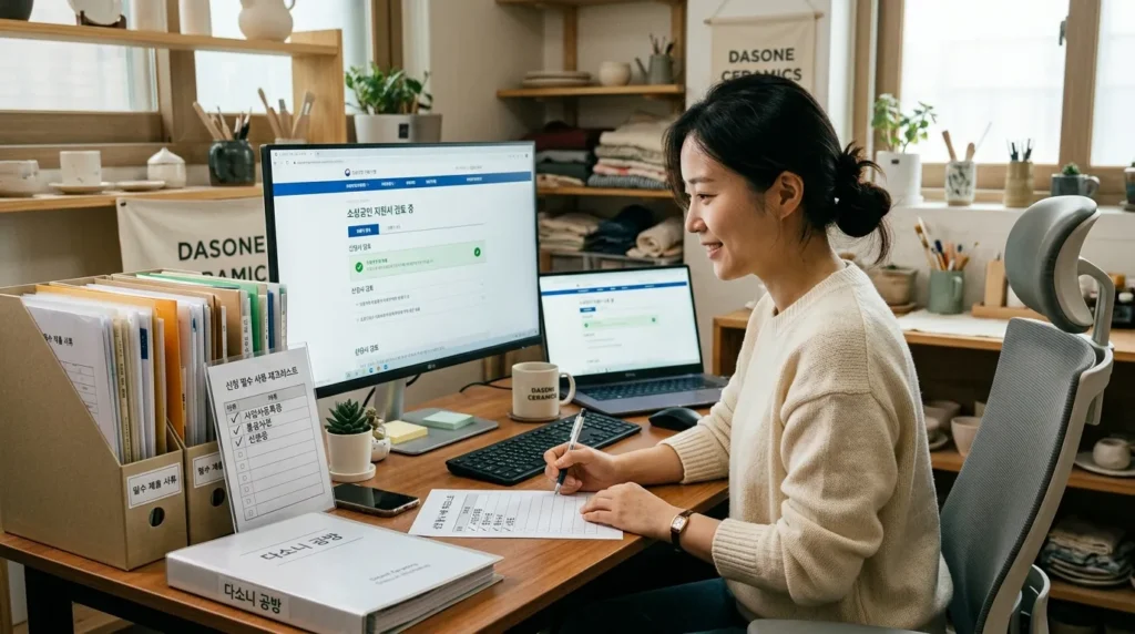 한국인 소상공인 여성 한 명이 컴퓨터 앞에서 온라인 신청 페이지를 꼼꼼히 확인하고 있다. 책상 위에는 필요한 서류들이 깔끔하게 정리되어 있으며, 옆에는 서류 목록 체크리스트가 놓여 있다. 침착하고 준비된 모습.