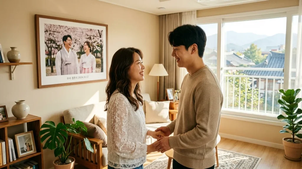 행복하게 웃는 대구 신혼부부가 아늑한 새 집에서 서로를 마주보며 손을 잡고 있는 모습. 따뜻한 햇살이 창문으로 들어와 방을 밝게 비추고, 벽에는 결혼 사진이 걸려 있다.