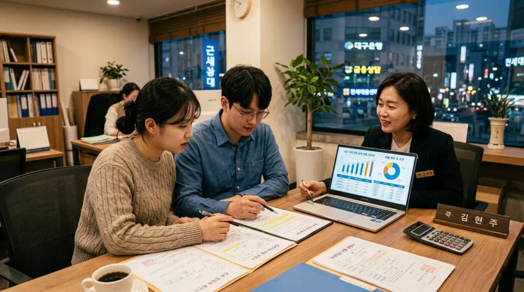 대구의 젊은 부부가 서류를 꼼꼼히 검토하며 전세자금 대출 관련 상담을 받는 모습. 따뜻한 조명 아래 노트북 화면에는 복잡한 조건들이 그래프와 숫자로 시각화되어 있다.