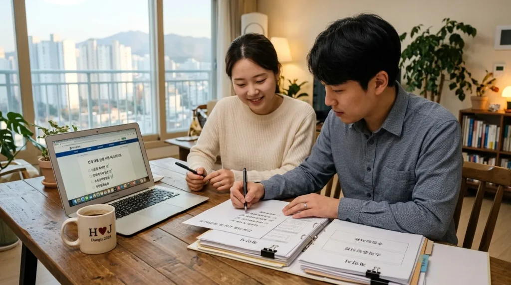 깔끔하게 정리된 서류 더미와 노트북 앞에서 대구 신혼부부가 전세자금 대출 신청 서류를 준비하며 체크리스트를 확인하는 모습. 옆에는 펜과 커피잔이 놓여 있다.