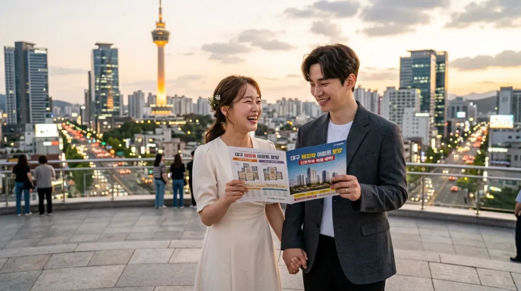 대구 도심을 배경으로 젊은 신혼부부가 밝게 웃으며 미래 계획을 의논하는 모습. 손에는 아파트 단지 리플릿을 들고 있으며, 서로의 손을 잡고 행복한 표정을 짓고 있다.