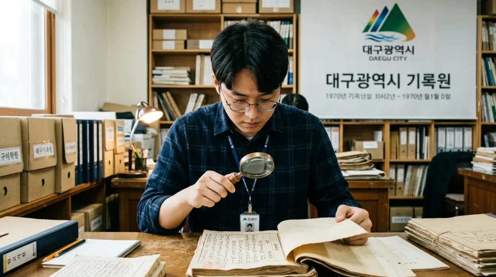 돋보기를 들고 서류를 꼼꼼히 검토하는 한국인 청년의 모습. 주변에는 대구시 로고가 희미하게 보인다.