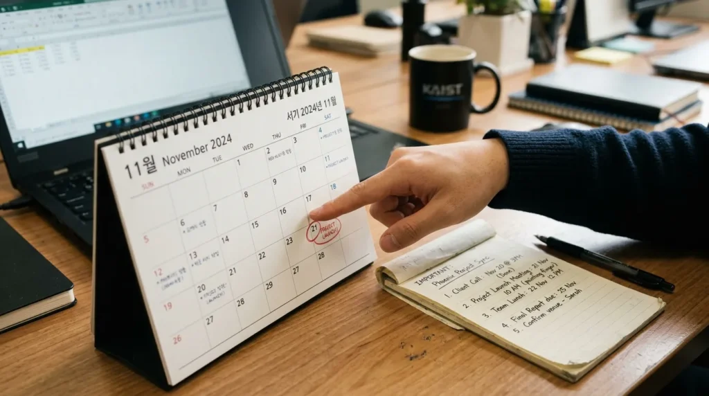 손가락으로 달력의 특정 날짜를 가리키고 있는 한국인 청년의 손과, 중요한 내용이 적힌 메모지가 책상 위에 놓여있는 모습.