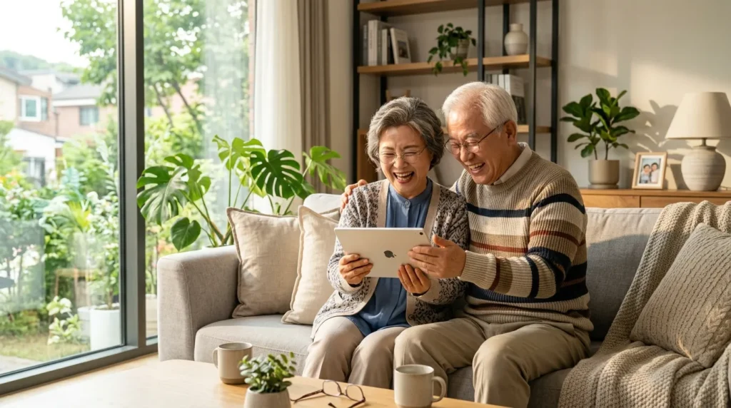 한국인 노년층 부부가 밝은 거실에서 태블릿 PC를 사용하며 즐겁게 웃고 있는 모습, 현대적인 인테리어, 따뜻한 햇살이 비치는 창가