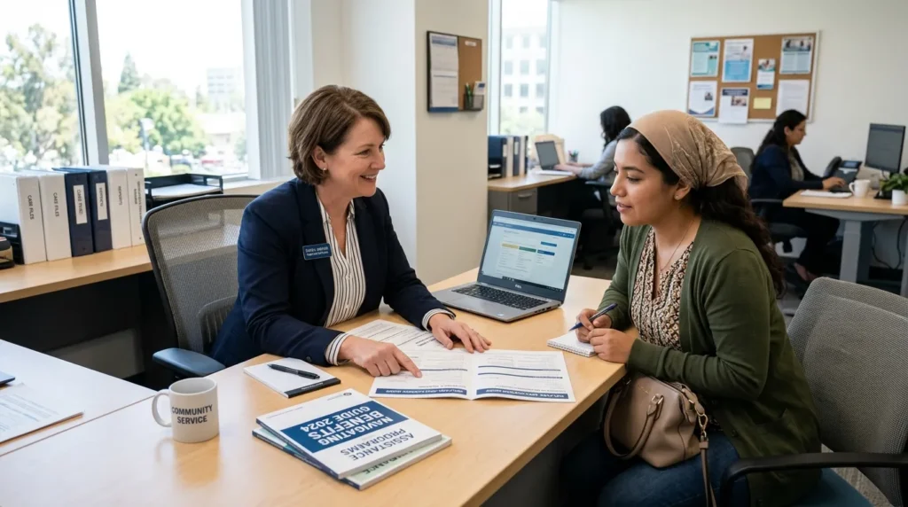 깨끗한 사무실 배경에서 복지 담당 공무원이 민원인에게 친절하게 서류를 설명하는 장면, 책상 위에는 노트북과 안내 책자가 놓여 있음
