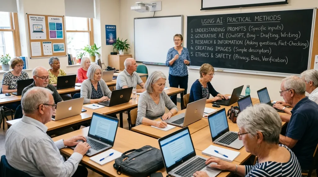 깔끔하게 정리된 강의실에서 어르신들이 최신 노트북을 사용하며 선생님의 설명을 듣는 모습, 칠판에는 AI 활용법이 적혀 있음