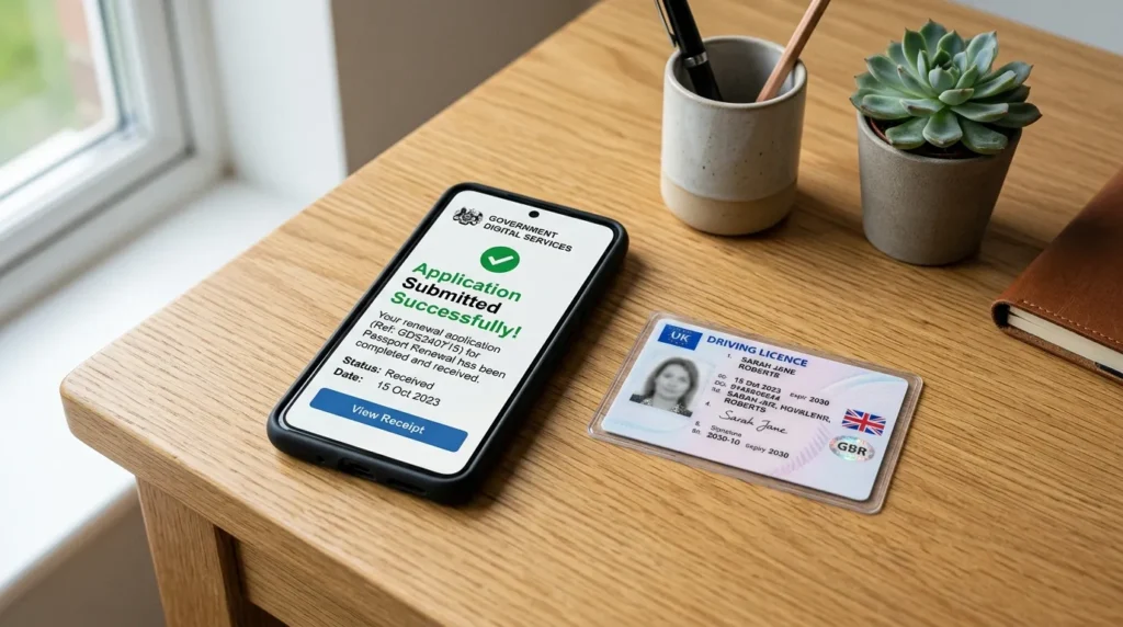 스마트폰 화면에 정부 서비스 신청 완료 메시지가 떠 있고, 그 옆에 신분증이 놓여 있는 연출 컷, 정갈하고 신뢰감 있는 분위기