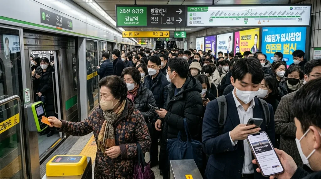 한국 지하철 플랫폼에서 붐비는 출퇴근 시간대의 모습. 다양한 연령대의 한국인 승객들이 지하철을 기다리고 있으며, 배경에는 지하철 노선도와 광고판이 보인다. 한쪽에는 무료 교통 카드를 사용하는 어르신이 묘사되어 있고, 다른 한쪽에는 스마트폰으로 뉴스를 보며 지하철 요금 문제에 대해 생각하는 젊은 직장인의 모습이 대조적으로 그려진다. 전체적으로 현실적이고 약간은 긴장감 있는 분위기.