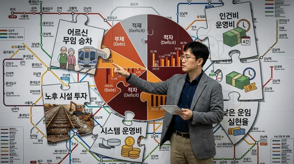 얽히고설킨 지하철 노선도를 배경으로, 재정 적자를 상징하는 거대한 그래프와 여러 개의 복잡한 요소들이 퍼즐 조각처럼 겹쳐져 있는 모습. '노인 무임승차', '노후 시설 투자', '인건비', '낮은 요금 현실화율' 등 다양한 원인들이 시각적으로 표현되어 있다. 중앙에는 한 한국인 연구원이 이 복잡한 구조를 분석하는 듯한 포즈를 취하고 있다.