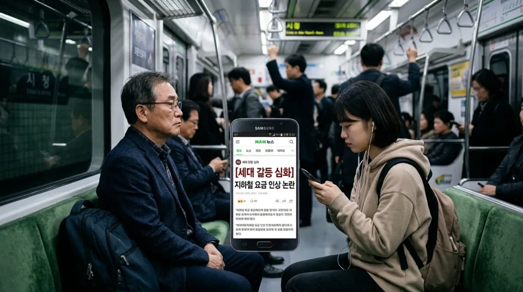 지하철 내에서 마주보고 앉은 젊은 세대의 한국인과 노인 세대의 한국인이 서로 다른 시선으로 대치하며 옅은 긴장감을 풍기는 모습. 중앙에는 지하철 요금 관련 뉴스 기사가 담긴 스마트폰 화면이 떠 있고, 그 위로 '세대 갈등'이라는 키워드가 강조되어 있다. 배경에는 다양한 사람들의 실루엣이 보인다.