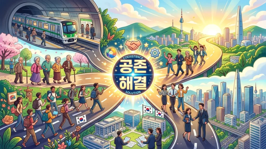 5개의 서로 다른 길(해결책)이 하나로 모여서 밝은 미래를 향하는 모습을 상징하는 일러스트. 각 길에는 지하철, 노인, 젊은 세대, 정부, 도시 건물 등의 아이콘이 포함되어 있다. 중앙에는 '상생'과 '해결책'이라는 단어가 빛나고 있으며, 여러 한국인들이 함께 문제 해결을 위해 협력하는 모습이 은유적으로 표현된다.