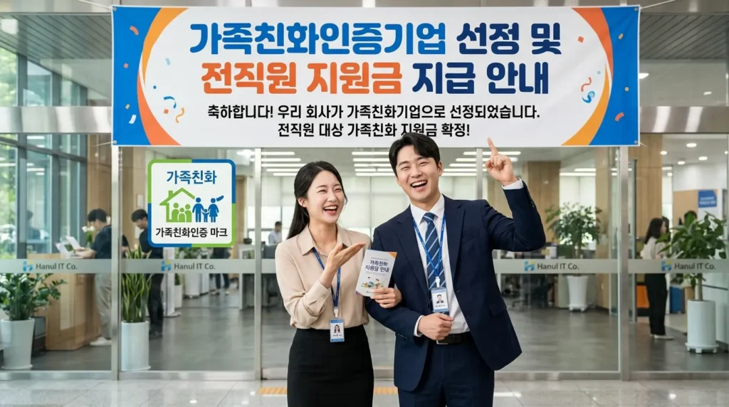 가족친화기업 지원금 발표 현수막 아래에서 밝게 웃고 있는 한국인 남녀 직장인들, 그들 뒤로 가족친화 마크가 보인다.