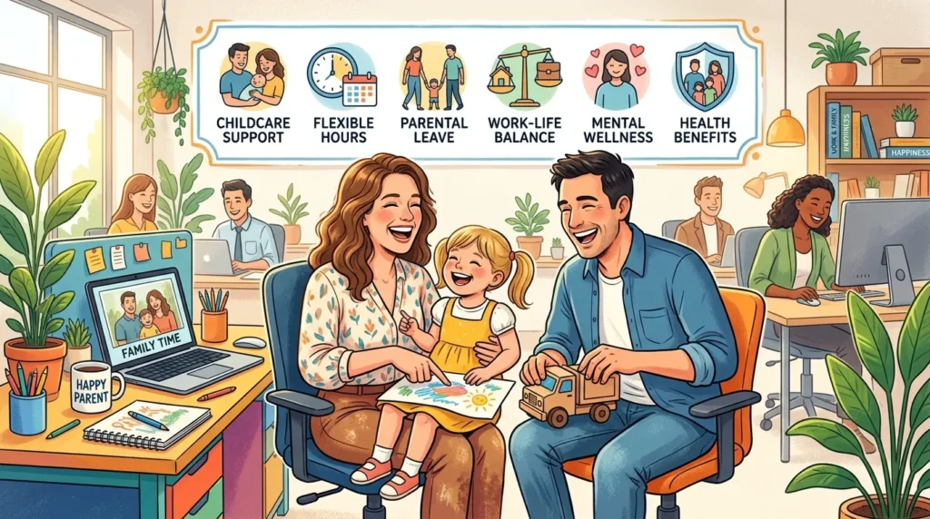가족과 함께하는 행복한 직장 생활을 상징하는 밝은 일러스트. 부모가 아이와 함께 웃으며 사무실에서 시간을 보내는 모습, 뒤에는 다양한 가족 복지 혜택 아이콘이 보인다.