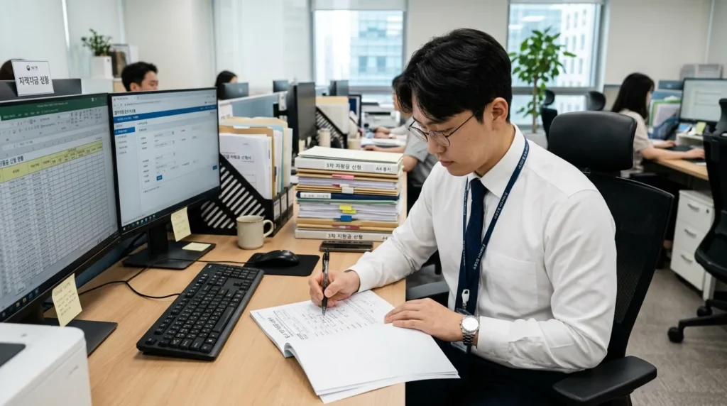 컴퓨터 앞에서 지원금 신청 서류를 꼼꼼히 검토하는 한국인 직장인, 옆에는 서류 더미와 펜이 놓여 있다.