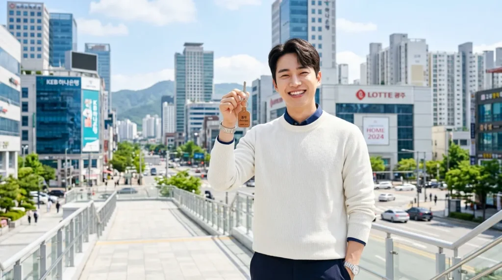 광주광역시의 현대적인 도심 배경과 함께 밝게 웃으며 자신의 집 열쇠를 들고 있는 한국인 청년의 모습. 희망적인 분위기와 깨끗한 이미지를 강조.