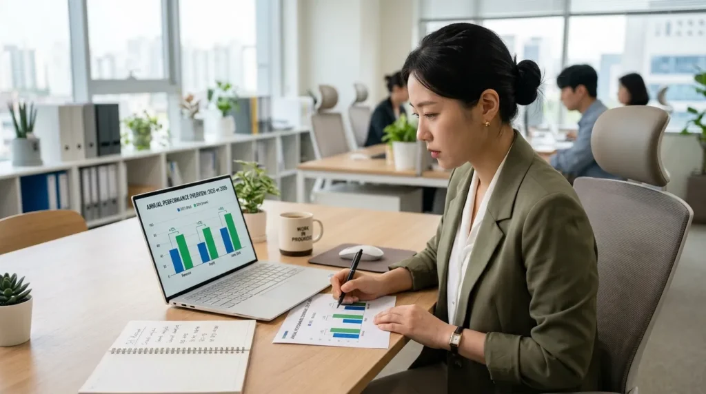 깨끗한 테이블 위에 노트북과 서류들이 놓여 있고, 2025년과 2026년을 비교하는 도표가 화면에 띄워져 있는 모습. 한국인 여성이 신중하게 내용을 검토하고 있음.
