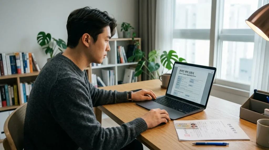 집 안 책상에서 한국인 청년이 신분증과 임대차계약서를 옆에 두고 노트북으로 온라인 신청을 진행하는 모습. 정갈하고 체계적인 분위기.