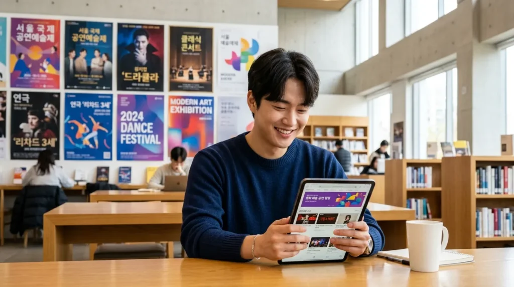 깨끗하고 현대적인 도서관이나 문화 공간에서 한 한국인 청년이 태블릿을 보며 웃고 있는 모습, 배경에는 공연 포스터들이 붙어 있음