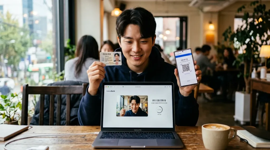 노트북 앞에서 신분증과 스마트폰을 들고 본인 인증을 시도하는 한국인 남성 청년의 모습