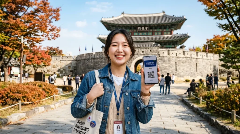 경기도의 상징적인 건축물을 배경으로 경기 컬처패스 모바일 카드를 들고 환하게 웃고 있는 20대 한국인 대학생의 모습.