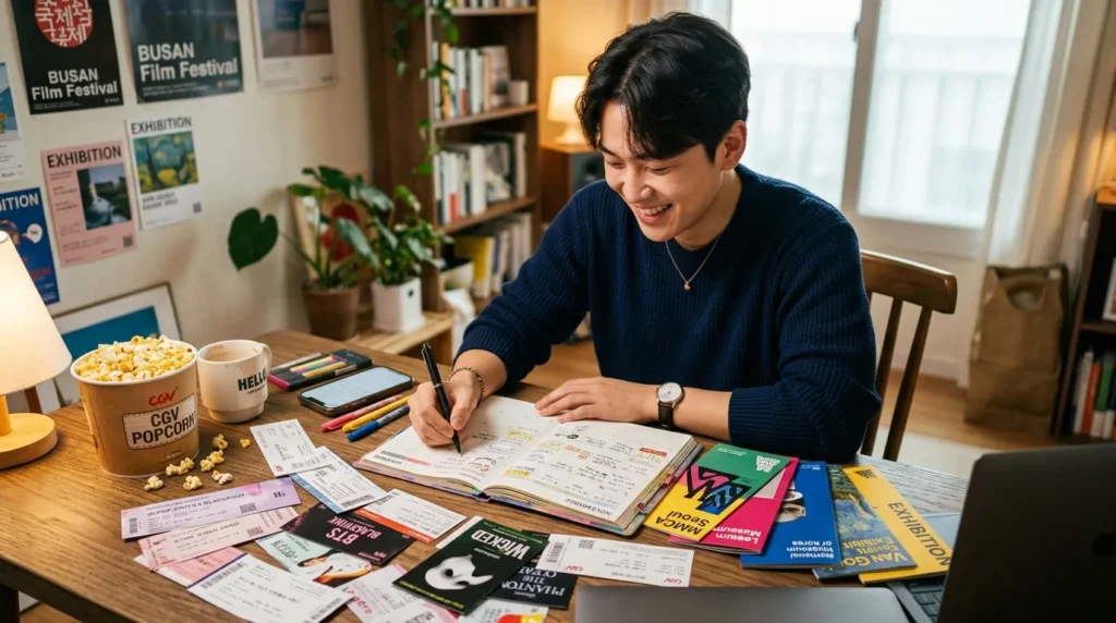 다양한 공연 티켓과 팝콘, 그리고 미술관 팜플렛이 책상 위에 가득 놓여 있고, 한 한국인 청년이 즐겁게 일정을 짜고 있는 모습.