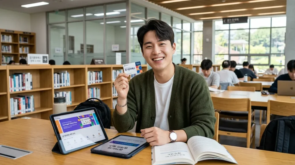 경기도의 현대적인 도서관에서 한 한국인 청년이 태블릿과 책을 보며 경기 컬처패스 카드를 들고 미소 짓는 모습